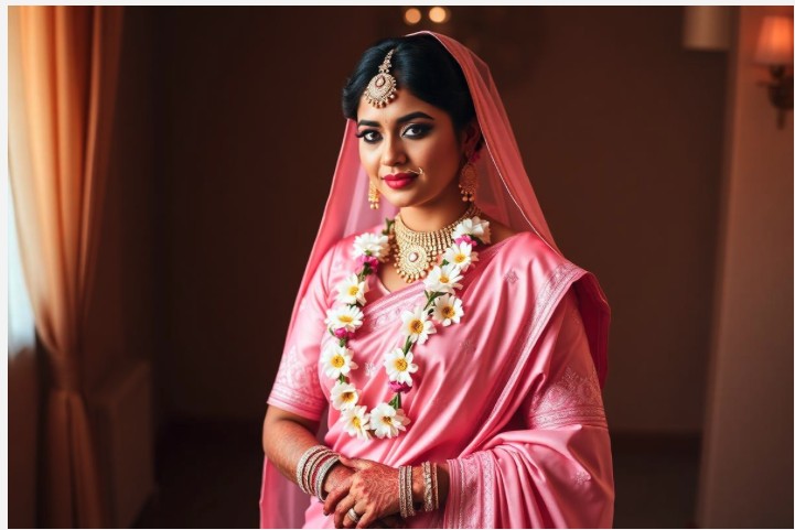 Bride wearing pink saree, floral jewelry and bridal makeup