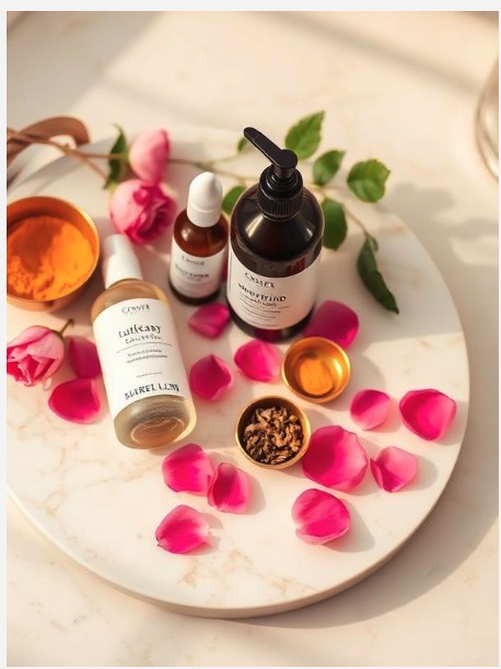 Beauty products, petals and ritual ingredients on a tray